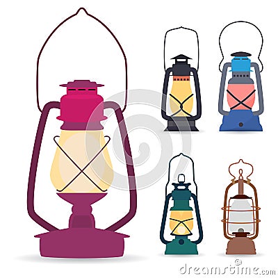 Set of different types of oil lamps in a flat style . Vector Illustration