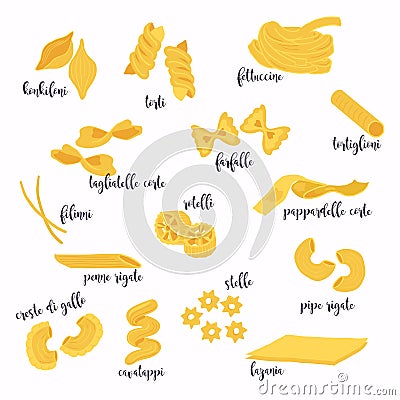 Set of different types of pasta. Vector Illustration