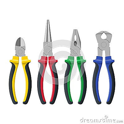 Set of different types of pliers and side cutters isolated on white background. Builder, construction and repair hand Vector Illustration