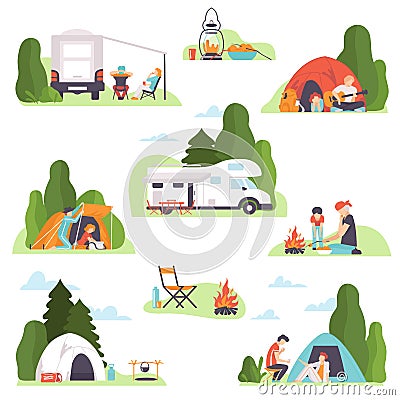 Set of different types of recreation at the campsite. Vector illustration. Vector Illustration