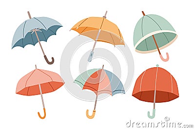 Set of different Umbrellas. Open umbrellas. Various prints. Hand drawn colored Vector illustration. Flat style. Vector Illustration