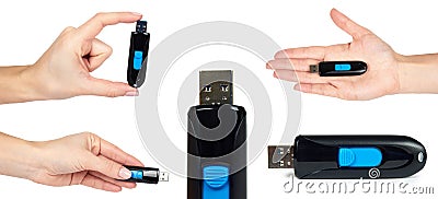 set of different USB memory sticks with hand. Isolated on white background. Data transfer, digital drive, backup and secure Stock Photo