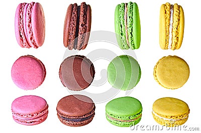 Set of different view of four macaroons with varied colors and taste Stock Photo