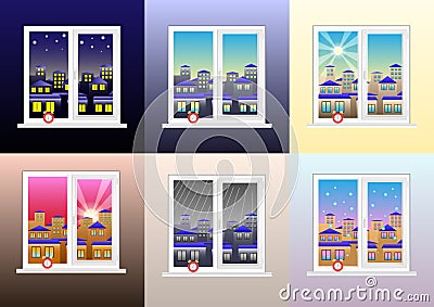 Set of different views from the window: morning, afternoon, evening, night, cloudy rainy, clear and snowy weather. Vector Illustration