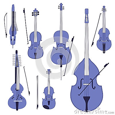 Set of different violins, string instruments. Vector Illustration