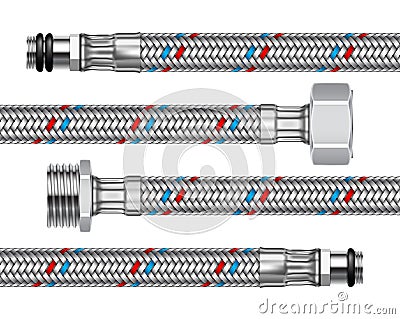 Set of different water fittings with segments of braided hose. Cartoon Illustration