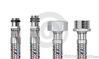 Set of different water fittings with segments of braided hose. V Vector Illustration