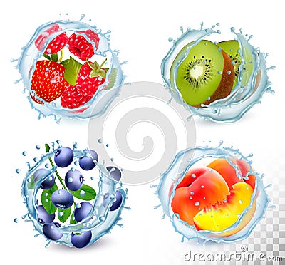 Set of different water splashes with fruit and berries. Strawberry Vector Illustration