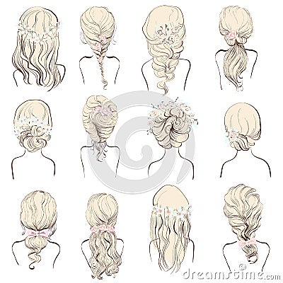 Set of different wedding hairstyles with flowers for blondes Vector Illustration