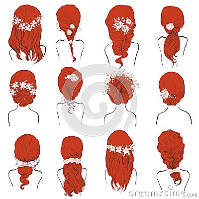 Set of different wedding hairstyles with flowers on red hair Vector Illustration