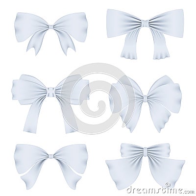 Set of different white bows for decoration. Vector for decorating gifts, banners, flyers, postcards. Vector Illustration