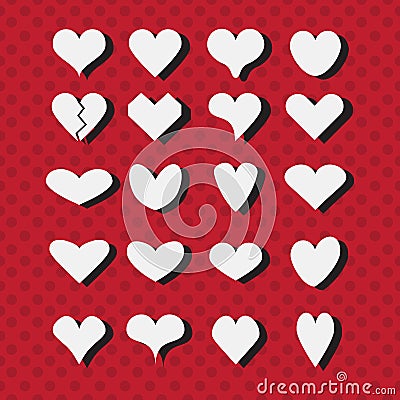 Set of different white heart shapes icons on modern red dotted background Vector Illustration