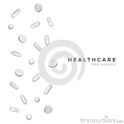 Set of different white realistic pills for poster or banner design. Healthcare and medicine background. Vector Vector Illustration