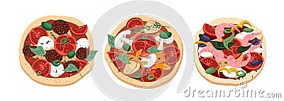 Set of different whole pizzas with pepperoni,salami, mushrooms,champignons,mozzarella and shrimps, cheeses, tomatores.Italian food Vector Illustration