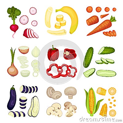 Set of different whole and sliced vegetables. Vector illustration on white background. Vector Illustration