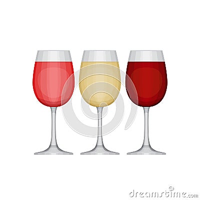 Set of different wine glasses, red, pink and white. Vector Illustration