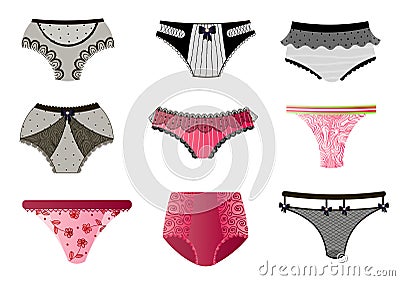 Set of different woman panties isolated on white background. Vector Illustration