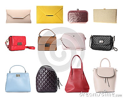 Set of different woman`s bags on background Stock Photo
