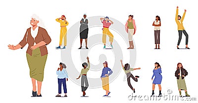 Set of Different Women. African or Caucasian Female Characters, Senior Ladies and Young Girls Listen Music, Drink Tea Vector Illustration