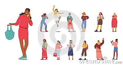 Set Different Women. Multiethnic Female Characters, African, Arab, Caucasian Girls and Old Ladies, Student, Schoolgirl, Vector Illustration