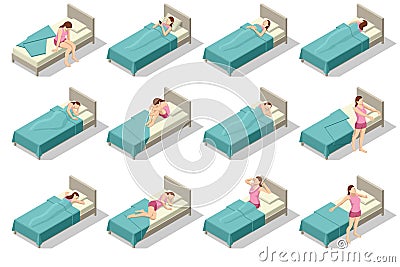Set of different Women Sleeping Poses, sleeping and dreaming in beds. Bedtime concept. Vector Illustration