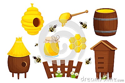 Set of different wooden beehive, cute fence, honey dipper, barrel and glass jar. Apiculture, beekeeping equipment, cartoon objects Vector Illustration