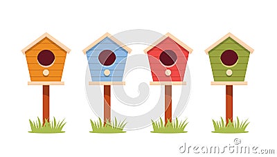 Set of different wooden bird houses. Colorful birdhouse isolated on white background. Vector Illustration