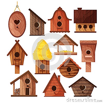 Set of different wooden handmade bird houses isolated on white background. Cartoon homemade nesting boxes for birds Vector Illustration