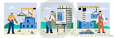 Set of different workers build house. Foreman with clipboard and checking construction process Vector Illustration