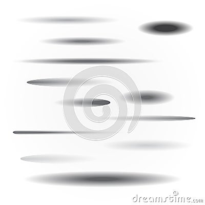 Set of differnt form and size black transparent shadows with soft edges on white background. Element for Vector Illustration