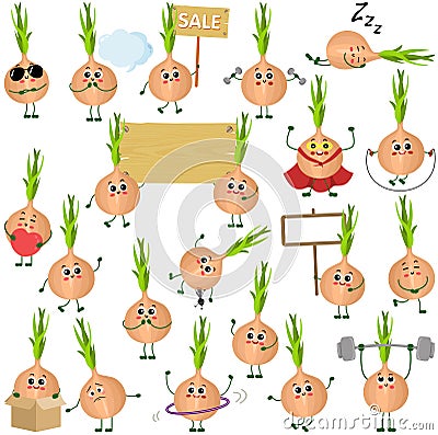 Set of digital elements with funny onion mascot Vector Illustration