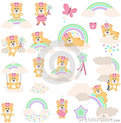 Set of digital elements of sweet dreams with princess teddy bear Vector Illustration