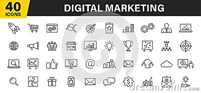 Set of 40 Digital Marketing web icons in line style. Social, networks, feedback, communication, marketing, ecommerce. Vector Vector Illustration