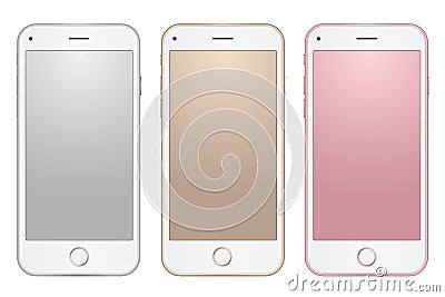 Set of digital mobile phones templates different colors with empty screens on transparent background. Vector Illustration