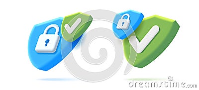 Set of digital security icons with 3d shield shape with padlock, two isometric 3d render illustrations Vector Illustration