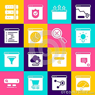Set Digital speed meter, New chat messages notification, Browser window, Server and Magnifying glass and delete icon Stock Photo