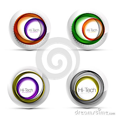 Set of digital techno spheres - web banners, buttons or icons with text. Glossy swirl color abstract circle design, hi Vector Illustration