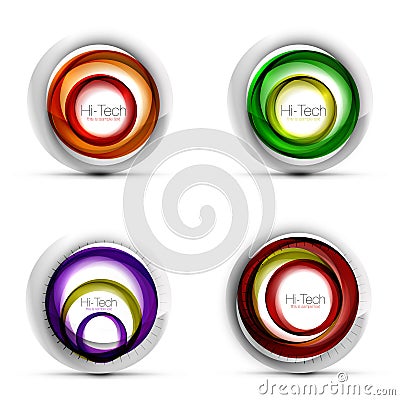 Set of digital techno spheres - web banners, buttons or icons with text. Glossy swirl color abstract circle design, hi Vector Illustration