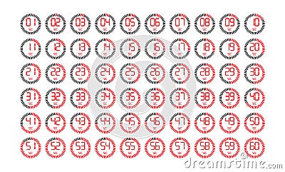 Set of digital timers or stopwatches with a period or time cutoff with an interval of 1 second Vector Illustration