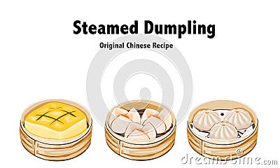 Set of dim sum, steamed dumplings and spong cake Cartoon Illustration