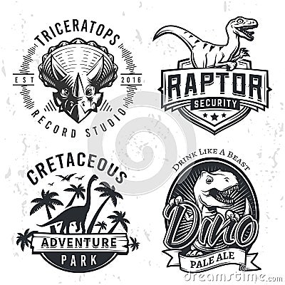 Set of Dino Logos. Raptor t-shirt illustration concept on grunge background. T-rex beer label design. Vintage Jurassic Vector Illustration