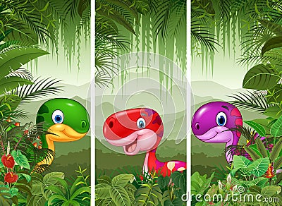Set of dinosaur with tropical forest background Vector Illustration