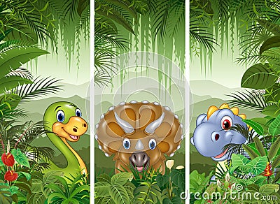 Set of dinosaur with tropical forest background Vector Illustration