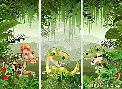 Set of dinosaur with tropical forest background Vector Illustration