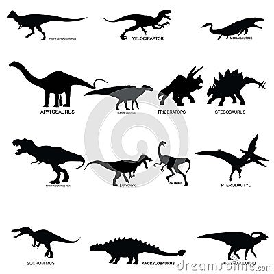 Set of dinosaurs silhouette with name Vector Illustration