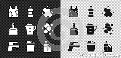 Set Dirty t-shirt, Bottle for cleaning agent, Water spill, tap, Bucket with foam, Dustpan and Washing powder icon Vector Illustration