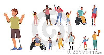 Set Of Disabled People. Adults And Children Characters With Disabilities. Arm Or Leg Prosthesis, Wheelchair, Crutches Vector Illustration