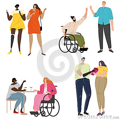 Set of disabled people with prostheses and wheelchairs. Vector illustration in flat cartoon style Vector Illustration