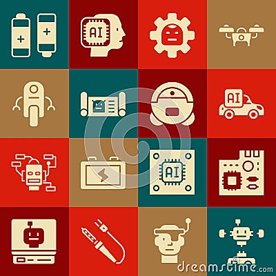 Set Disassembled robot, Motherboard digital chip, Autonomous smart car, Robot, blueprint, Battery and vacuum cleaner Vector Illustration