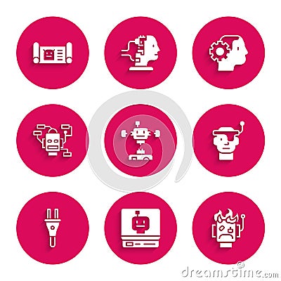 Set Disassembled robot, Robot, burned out, Smart glasses, Electric plug, Humanoid and blueprint icon. Vector Stock Photo